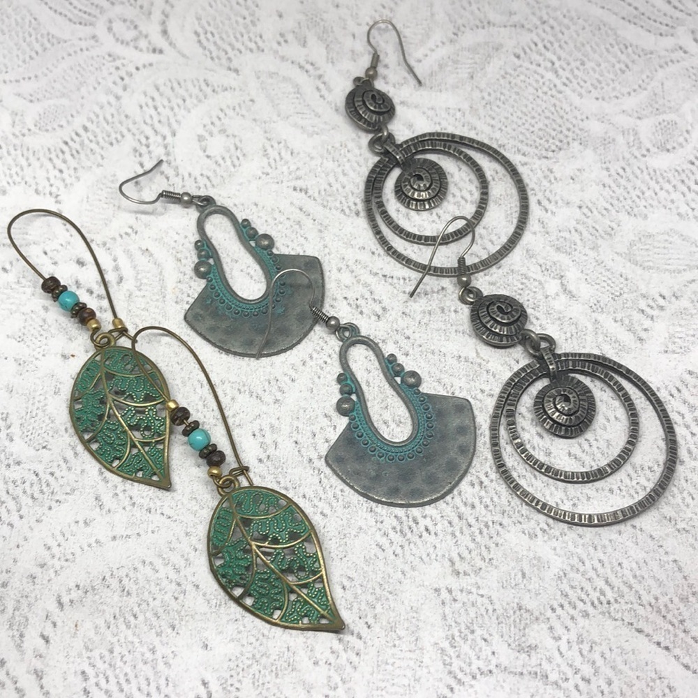 Bundle lot 3 festival boho style long trendy statement earrings dangle drop.
